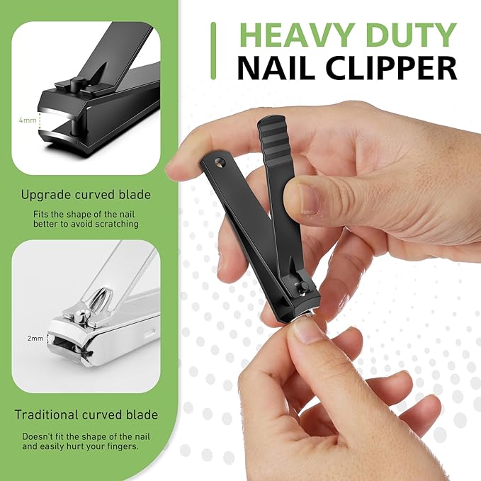 BALUCA Curved Toenail Clipper for Thick Nails, Heavy Duty Stainless Steel Toe Nail Clippers for Seniors, Men & Women, Stainless Steel Nail Cutter for Accurate Trimming and Grooming (All Black)