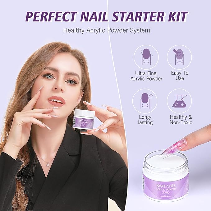SAVILAND Acrylic Nail Kit Starter Set: Clear Acrylic Powder and Liquid Set With Brush, Forms, Tools for Extension, DIY Home Salon Application - Nail Kit for Beginners with Everything