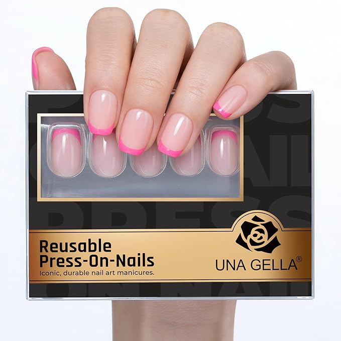 UNA GELLA 32Pcs Soft Gel Press on Nails - 16 Sizes Hot Pink French Tip Short Square Glue on Nails, Reusable Nude Pink False Nails, Full Cover Acrylic Nail Kit for Women DIY Home Manicure