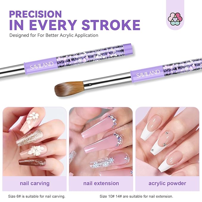 SAVILAND Acrylic Nail Brush Set: 6PCS Brushes for Acrylic Powder Application, Nail Art Extension, 3D Carving, Home Salon