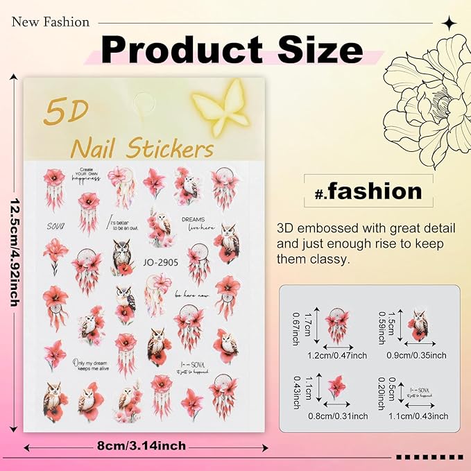 12 Sheets Butterfly Flower Nail Stickers for Nail Art, Colorful Flower Nail Decals,Flower 3D Self-Adhesive Nail Art Stickers Design for Women DIY Manicure Decoration YX1230