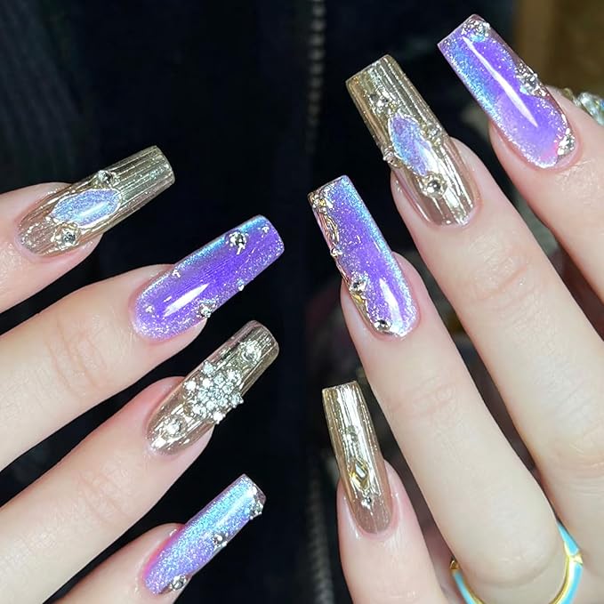 Neptune Purple Glass Cat Eye Gel Nail Polish with Magnet Stick, Blue Light Planet Cats Eye Gel Magnetic Cat Eyes Ceramic Crystal Silk Velvet Effect Sock Off Professional Use for Salon