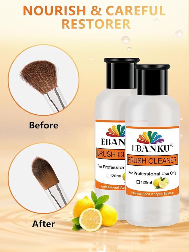 EBANKU Orange Scent 120ml Acrylic Nail Brush Cleaner, 3 in 1 Nail Art Brushes Conditioner Nail Brush Clean Solution Quickly Clean With Glass Cup and Scrub Brush for Solid Gel Polish