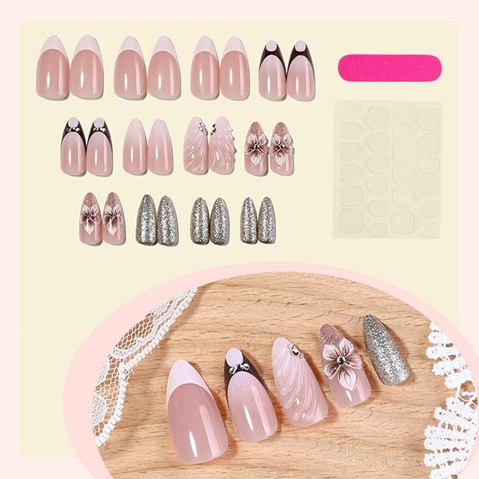 Press on Nails Medium Almond Fake Nails French Artificial Nail Flowers Embossed and Rhinestones Designs for Women 24pcs