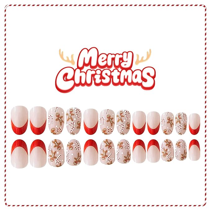 Christmas Press on Nails Medium Almond MABKJLF Fake Nails French Tip False Nails with Cane Candy Gingerbread Man Designs Glossy Glue on Nail Winter Acrylic Nails for Women Girls 24Pcs