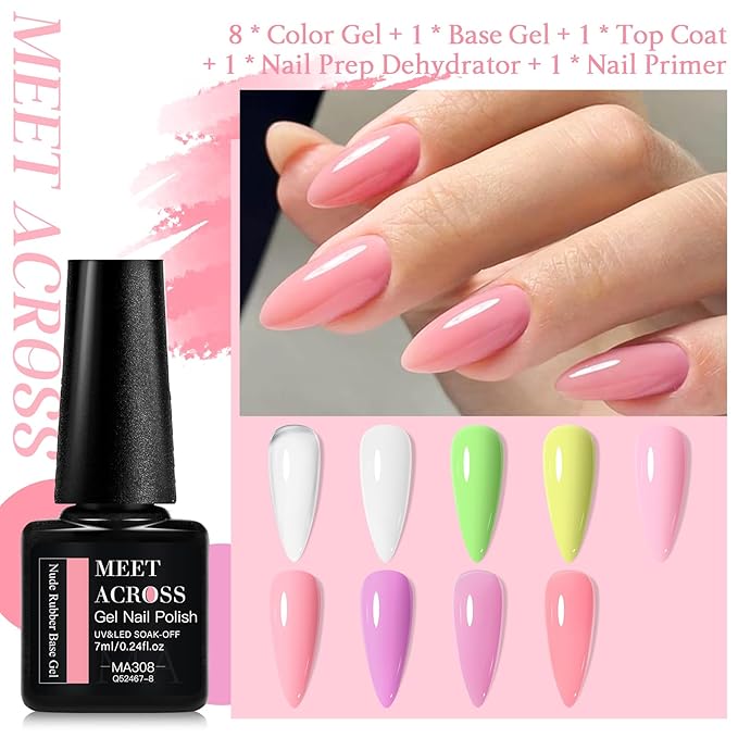 MEET ACROSS 12 Pcs Base Color Gel Nail Polish, 9 Colors Macaron Gel Polish Pink Nail Polish Clear Nail Polish Purple Sheer French Tip Base Colors Soak Off Nail Art Manicure DIY at Home Gift for Women