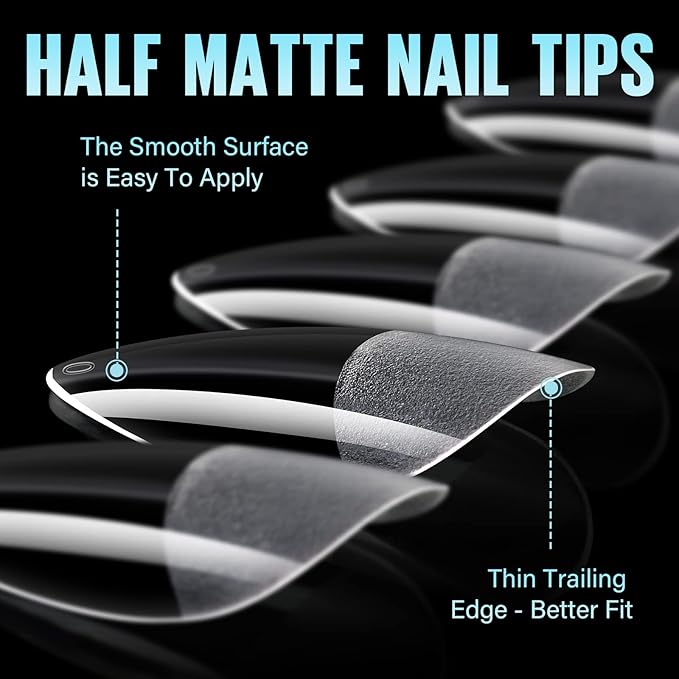 TOMICCA Medium Almond Nail Tips, 192Pcs 12 Sizes Acrylic Pre Buffed Medium Almond False Tips, Full Cover Half Matte Nails for Nail Art Extension Press on Nails