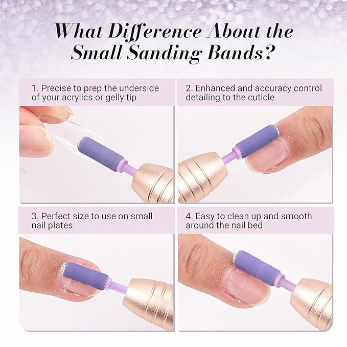 MelodySusie 120 Pcs Nail Drill Bits Small Sanding Bands for 3.1mm Mandrel Bit, 180 Fine Grit Nail File for Acrylic Nails Gel Manicures and Pedicure, Purple (Only Sanding Bands)