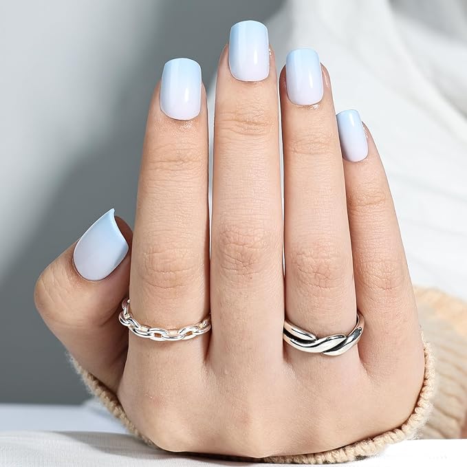 Press On Nails - Short Square Blue Fade Press on Nails Glossy Finish Nails Press Ons for Women DIY Fake Nails Kit with Glue, Reusable Glue on Nails Short in 15 Sizes - 30pcs, Sky Fade