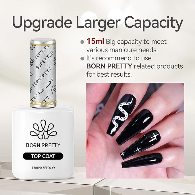 Born Pretty Gel Top Coat,15ml Gloss Base and Top Coat Set, No Wipe Super Top Gel Not Chip or Peel and Long Lasting Base Gel Top Gel for Nail Art