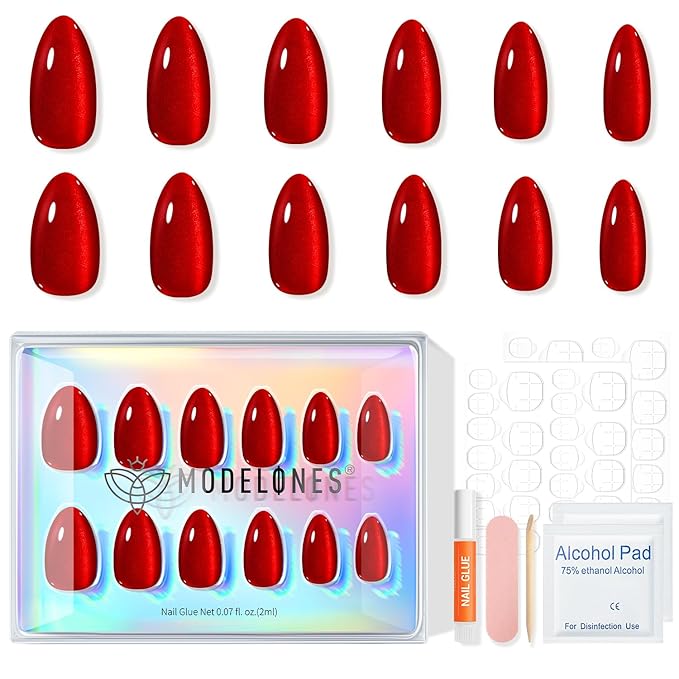 Modelones Red Cat Eye Press on Nails Almond, Spring Short Fake Nails, Reusable Nail Kit with Nail Glue Adhesive Tabs Mini Nail File, Nails Press Ons 32Pcs 16 Sizes, Women Girl Gift