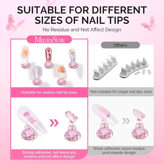 MelodySusie Nail Stand for Press Ons, Super Pink Metal Square With Butterfly Pattern Magnetic Base for Painting Display with Brush Holder And Reusable Double-Sided Tape for Home DIY Salon Supplies