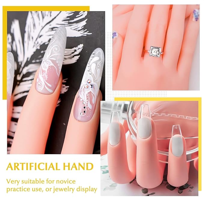 krofaue 2 Pack Right Hands Practice Nail Tips Art Trainer Training Hand Tool Flexible Bendable Movable Fake Mannequin Manicure Tool