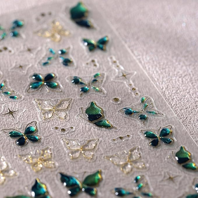 1 Sheets Green Embossed Butterfly Nail Decals for Nail Art Shiny Gold Butterfly Nail Stickers 5D Self-Adhesive Star Nail Decoration Spring Summer Nail Art Stickers for Women Girls Nail Design