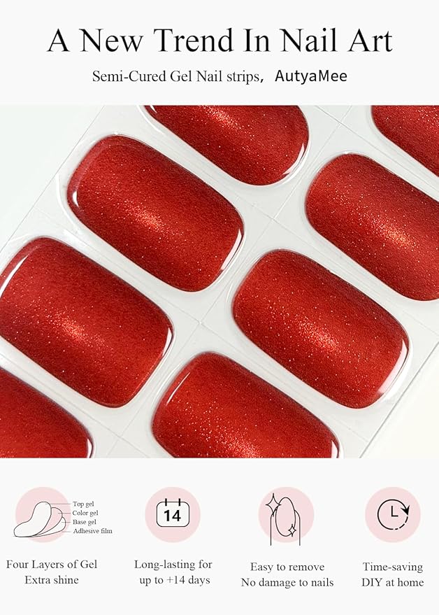 Semi Cured Gel Nail Strips (Red Light-Chasing Cat Eye), 20 Pcs Gel Nail Wraps, Stickers, Works with Any UV Lamps