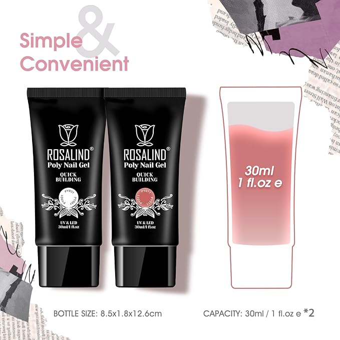 ROSALIND RosePink&White Poly Extension Gel for Nails, 2 PCS 1oz/30ml RosePink&White Poly Builder Pink for Gel Nail Extension