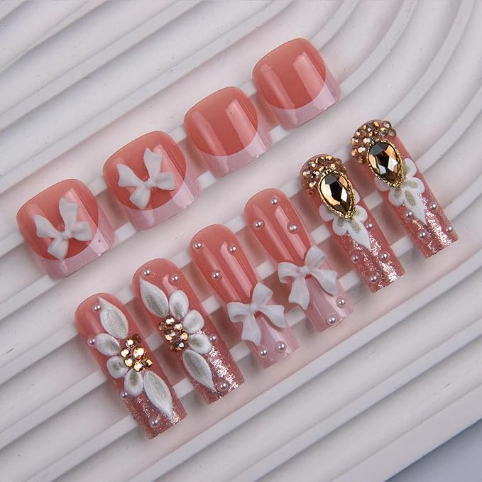 48Pcs Square Press on Nails Medium & Press on Toenails Set, French Tip Fake Nails with White Bow Flowers Designs Short Press on Toe Nails Full Cover Glue on Nails for Women Manicure Kit