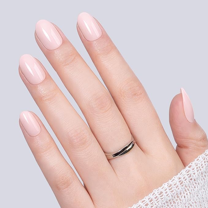 UNA GELLA 32Pcs Soft Gel Press on Nails - 16 Sizes Pastel Baby Pink Round Glue on Nails, Oval Reusable Glossy Natural Pink False Nails, Full Cover Acrylic Nail Kit for Women DIY Home Manicure