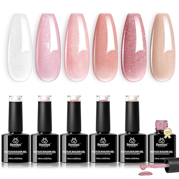 Beetles Builder Gel Set,6 Colors Glitter Shimmer 7 in 1 Nude Pink White Nail Thickening Strengthening Building Apex for Beginner DIY Salon at Home,Shimmer Builder Nail Gel,UV & LED Lamp Cured Needed