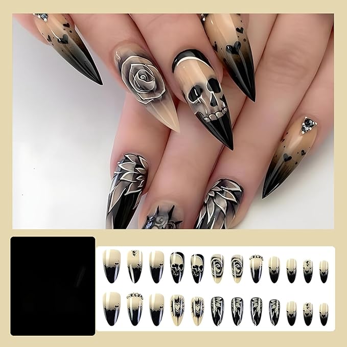 Stiletto Press-on Nails - Goth Fake Nails with Skull & Black Rose Design, Rhinestone Full Cover Acrylic Nails, 24pcs for Women, Girls & Halloween Manicure