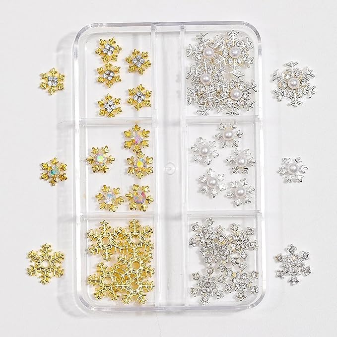 30Pcs Christmas Snowflake Nail Charms 3D Silver Gold Snowflake Nail Art Charms for Acrylic Nails, Alloy Snowflake Charms for Snowflake Nail Accessories Winter Holiday Nail Decorations Design