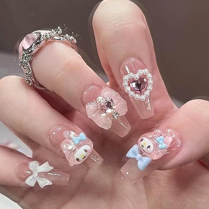 Thick Acrylic Press on Nails, Handmade Gel Press On Nails Long Square, bling pearl Cute bow rhinestone Kawaii Fake Nails Kit,Reusable 10 Nails Size M,#949, 949(Medium)