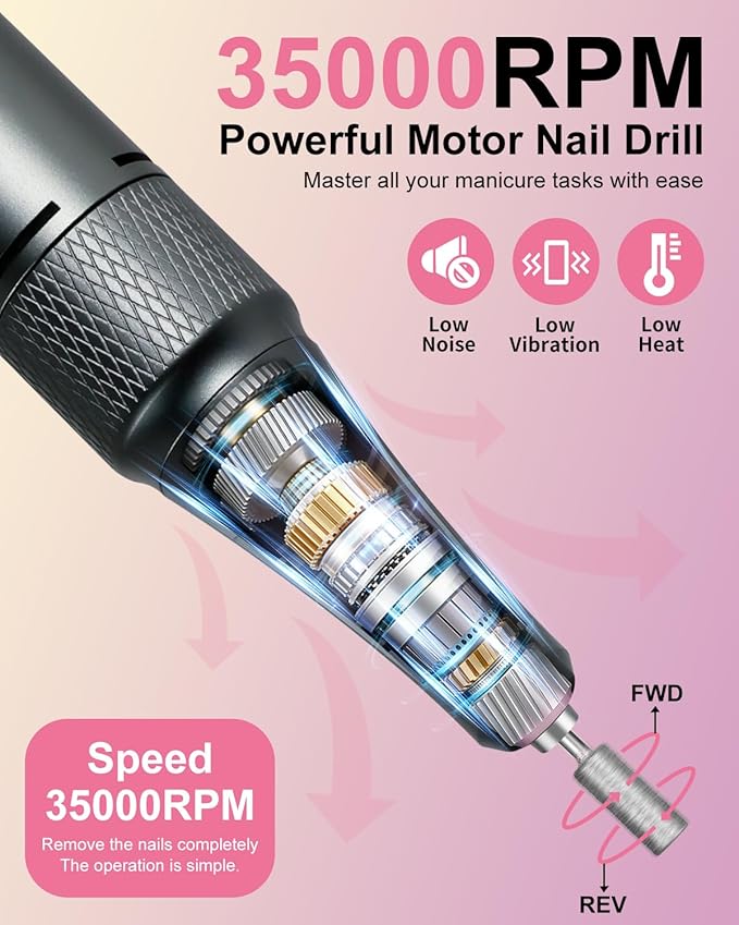 Professional Electric Nail Drill Kit 35000RPM with 14PCS Bits Pink Portable Rechargeable Cordless File Machine for Acrylic Gel Powder Nails and Manicure Pedicure Toenail Tool Salon Set