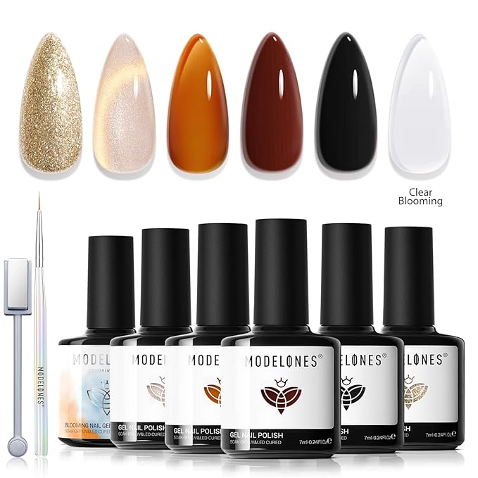 modelones Gel Nail Polish Set, 6 Colors Clear Blooming Nude Gold Glitter Cat Eye Gel Polish Amber Brown Jelly Maroon Black Nail Polish 2026 Leopard-Print Theme with Magnet & Liner Pen LED Mani Kit
