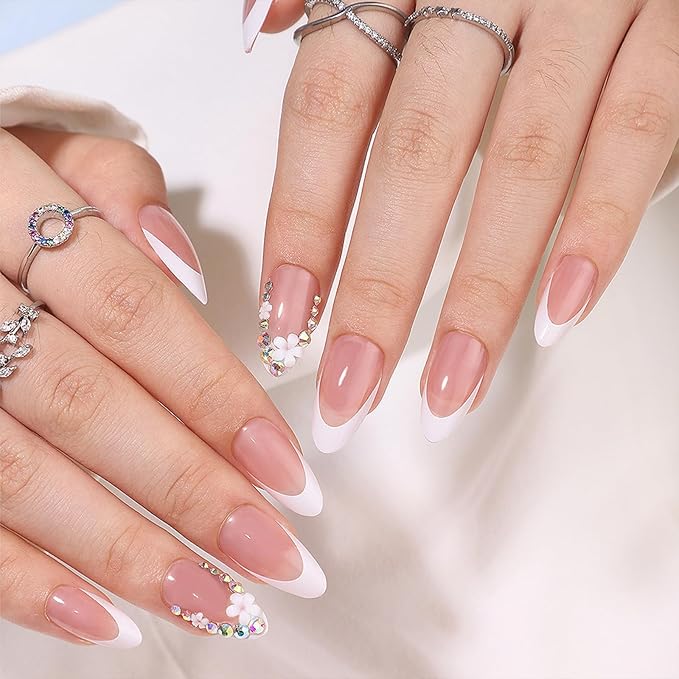 French Tip Press on Nails Almond Short Fake Nails Flower False Nails with Designs Rhinestones Glossy Full Cover Acrylic Glue on Nails Cute Artificial Stick on Nail for Women Manicure 24Pcs