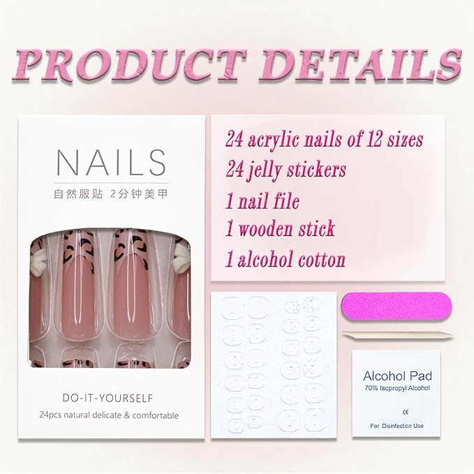 French Tip Press on Nails Long Square MABKJLF Fake Nails False Nails with Leopard Print Bow Charms Designs Fall Glossy Glue on Nail Autumn Acrylic Nails for Women Girls 24Pcs