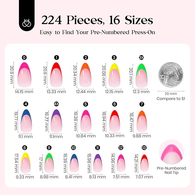 Beetles Summer Press On Nails 224 Pcs 7 Colors, French Tip Nails Short Almond Classic Fake Nail Tips, Rainbow Soft Gel Nails False Nails Art DIY For Women