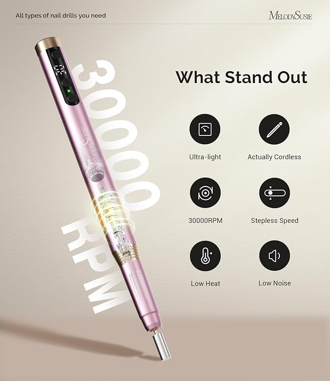 MelodySusie Pen-Shaped Ultra-Slim Cordless Nail Drill, PM170F 30000RPM Portable Rechargeable Electric File with LED Display for All Manicure, Nail Care, Shaping & Gel Removal for Advanced Home Use