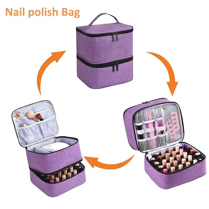 Nail Polish Organizer - Holds 30 Bottles & Nail Lamp, Double-Layer Nail Organizers and Storage, Nail Polish Bag with Handle Nail Travel Case for Nail Tech (Purple)