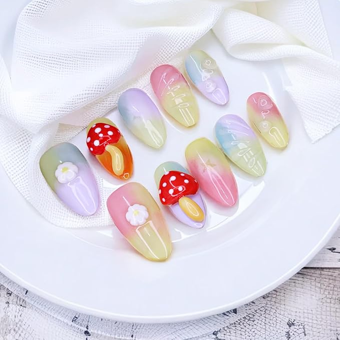 Handmade Press on Nails Almond False Nails Colorful Gradient False Nails with 3D Mushroom Daisy Designs Cute Medium Fake Nails Thick and Muti-Layer Gel Acrylic Nails for Women (Size S)