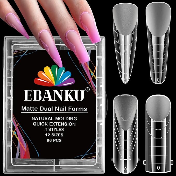 EBANKU 96PCS Clear Matte Dual Nail Forms Kit Full Cover Nail Mold Tips Acrylic Nail Extension Tools 4 Styles 12 Sizes Scale for Poly Gel Nail Art Salon Nails Design