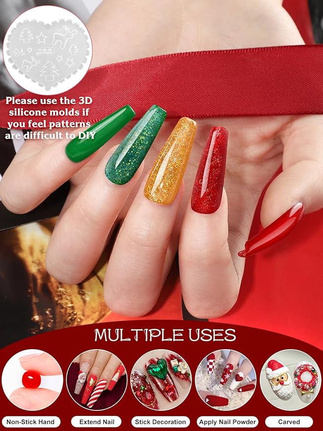 EBANKU Solid Builder Gel for Nails, 6 Colors Nail Extension Sculpture Gel for Nail, Valentines Red Green Gold Silver Glitter Non-Sticky Carving Modeling Nail Art