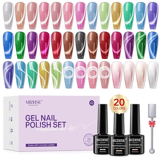 MIZHSE Cat Eye Gel Nail Polish 20 Colors, Ceramic Magnetic Gel Polish Set with Magnet Stick, Trendy Colors Cateye Effect Soak Off Nail Art Salon Home DIY Gift for Women