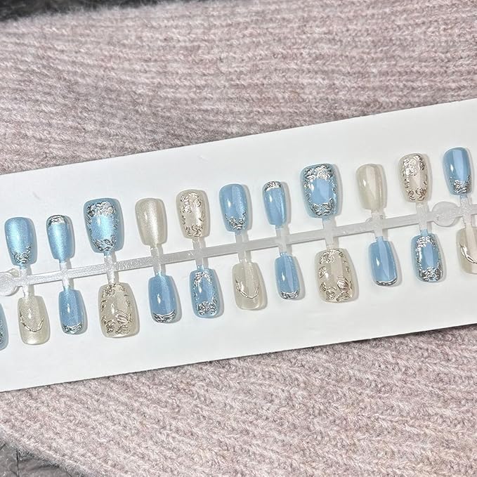 Square Press on Nails Short Fake Nails with 3D Gold Silvery Flowers Design Glitter Blue French False Nails Glossy Acrylic Glue on Nails Full Cover Spring Floral Stick on Nails for Women 30Pcs