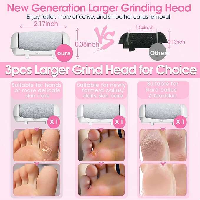 Electric Foot File Callus Remover for Feet - 3pcs Larger Grinding Head&3Speed, Pedicure Kit Foot Scrubber Deadskin Callus Remover, Foot Care Kit Pedicure Tools for Dead Skin Callus Hardskin Dry Cracks