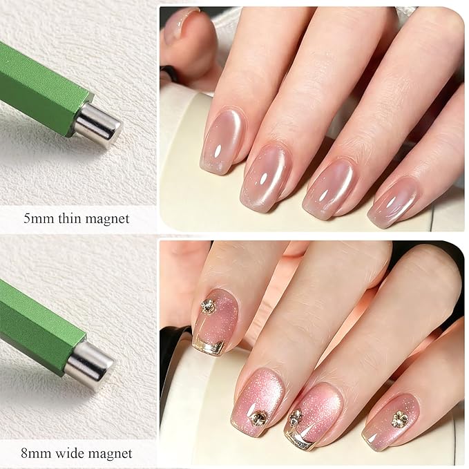 3-in-1 Cat Eye Nail Magnet Tool with Heart Magnet, Double-Ended Cylindrical & Ball Magnets for Cat Eye Gel Polish Glass Bead Nail Effects Manicure Supplies imanes para uñas (Green)