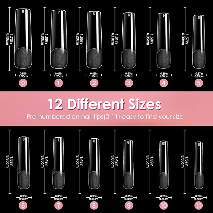 Ranrose Long Straight Nails Tips,240PCS Full Cover Soft Gel Nail Tips for Acrylic Nails Professional 12 Size Pre-shaped XXL Straight Shape False Nail Half Matte Fake Nail for Press On Nail Extensions