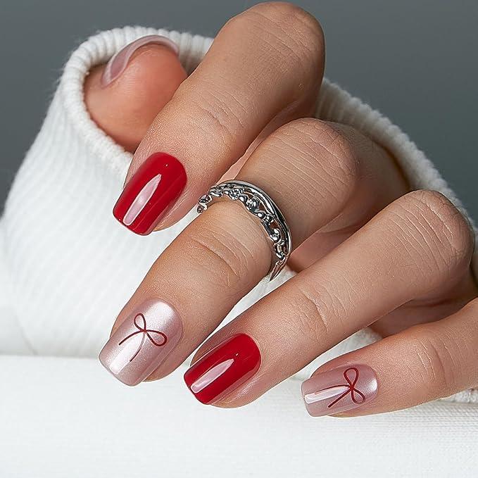 CurvLife Square Press On Nails Short – 30Pcs Soft Gel Ribbon Red Cat eye Charm Fake Nails, Reusable Glue On Nail Kit with Adhesive Tabs, Natural Fit & Salon-Quality for Women & Girls