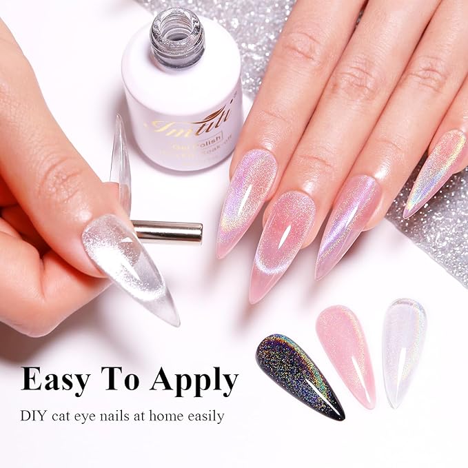 Imtiti Rainbow Cat Eye Gel Nail Polish, 15ML Holographic Glitter Cat Eye Gel Polish with Magnet UV LED Magnetic Gel Nail Polish Iridescent Sparkly Home DIY Manicure Nail Salon Kit