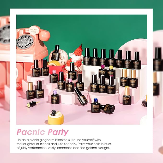 ROSALIND 30PCS Gel Nail Polish Set with Base Glossy Matte and Glitter Top Coat Gel Polish, Pink Green Hot Pink Gel Nail Set Soak Off Gel Polish Set