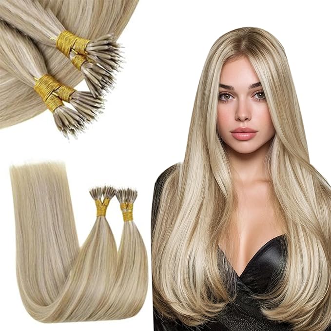 RUNATURE Blonde Hair Extensions Nano Bead, Short Straight Hair, Remy Human Hair Nano Tip Hair Extensions Light Blonde Highligh, Soft Silky Hair for Women, Natual Blending #8P60