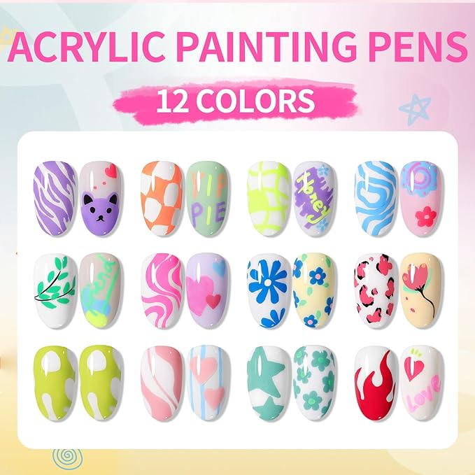 BORN PRETTY Nail Art Pens Set 12 Colors - Spring Summer Neon Colors 3D Nail Polish Acrylic Paint Pens Quick Dry Nail Markers for Nail Art Drawing Painting Dotting Liner Pen DIY Manicure Tools