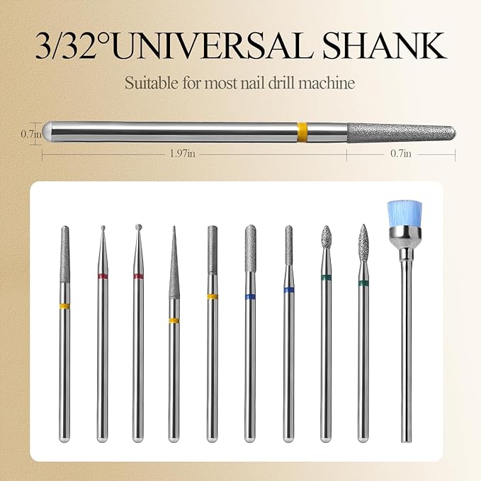 Diamond Nail Drill Bits Set 10Pcs - Safety Cuticle Bit for Beginners, 3/32 Inch E-File Nail Bits for Russian Manicure Prep, Ball Flame Needle Bits for Nail Tech, Gentle Efile Bits for Acrylic Gel Nail