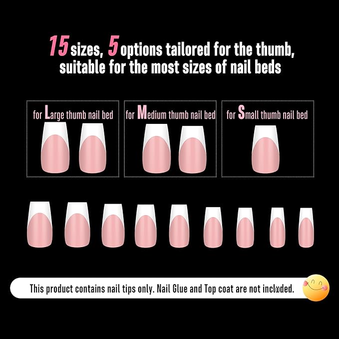 NOVO OVO White French Tip Medium Coffin Nail Tips Press on, BABY PINK, Extra Thick Soft Gel Fake Nail Acrylic Extension, Need Builder Gel Top Coat, No Glue Included, for Salon DIY 15 Sizes x 240 pcs