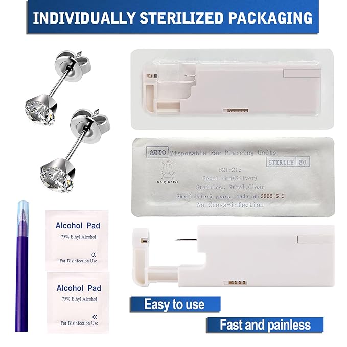 KAIQIKAIXI 2Pcs Ear Piercing Kit Automatic And Painless Ear Nail Gun Disposable Aseptic Household Ear Piercing Gun Portable Ear Piercing Gun Group Ear Piercing Tools (5mm, Silver)