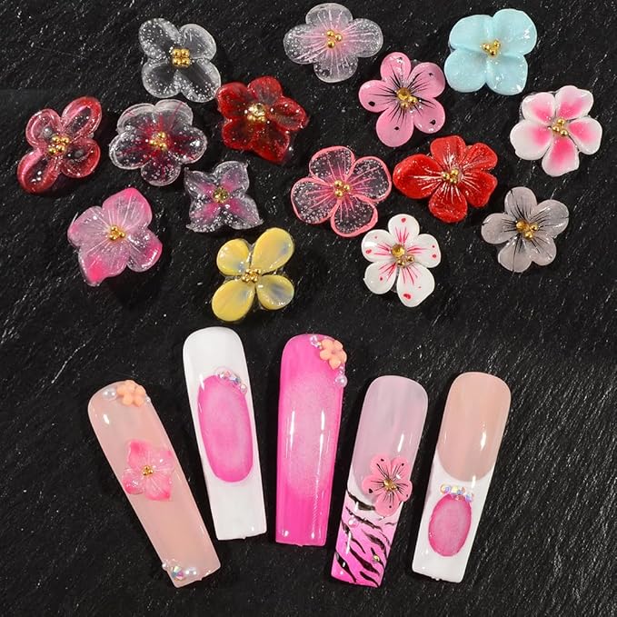 30PCS 3D Handmade Flower Nail Art Charms Advanced Handcrafted Cherry Blossom Flower Colorful Sculpted Floral Nails with Rhinestone Caviar Beads Design for Women Profession Nail Art Craft Jewelry
